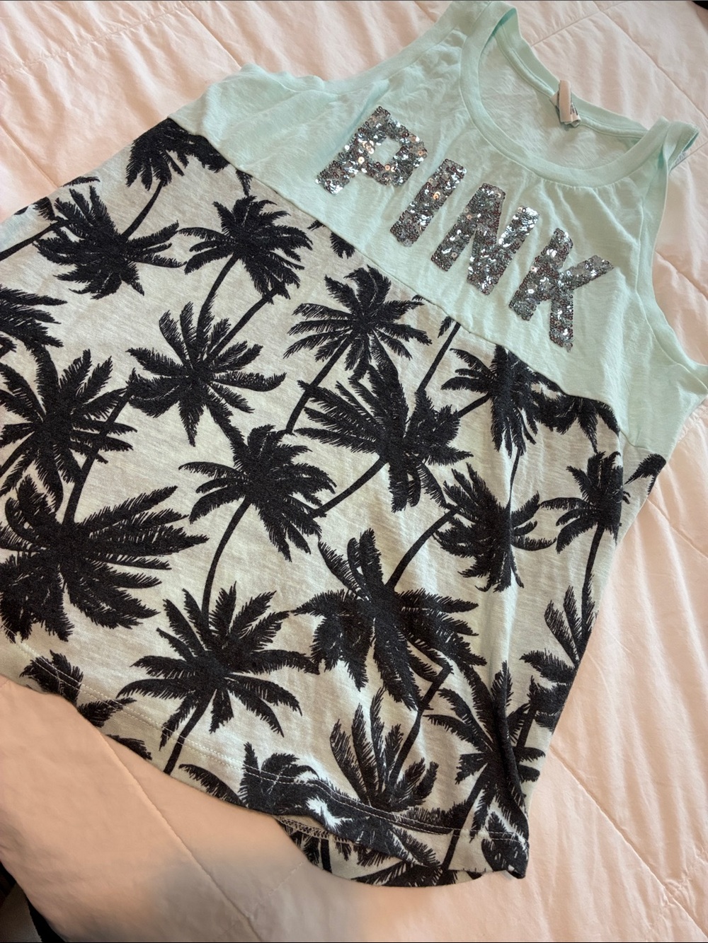 PINK Victoria's Secret Mint Green Palm-Print Sequin Logo Tank